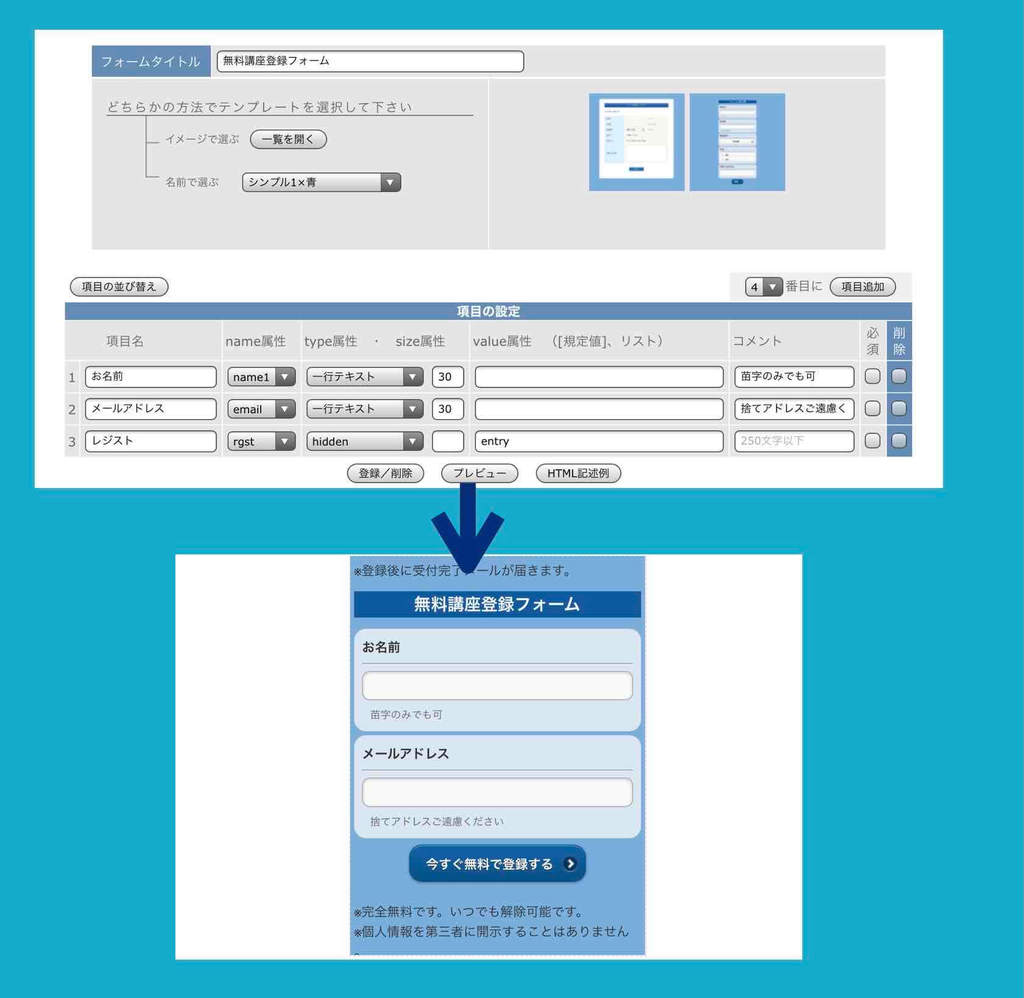 オートビズの登録フォーム作成画面と登録フォーム例