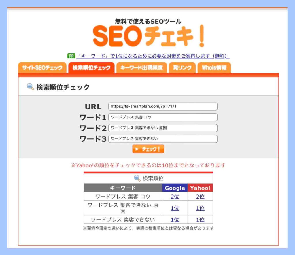 検索順位が確認できるツール（無料）「SEOチェキ」の使用例