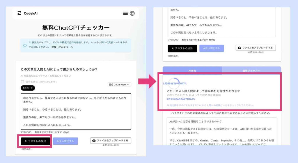 CudekAI 無料ChatGPTチェッカー の検知例